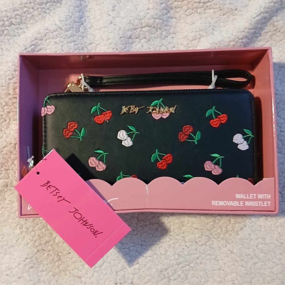 Betsey Johnson Black Cherry Embroidered Wristlet Wallet